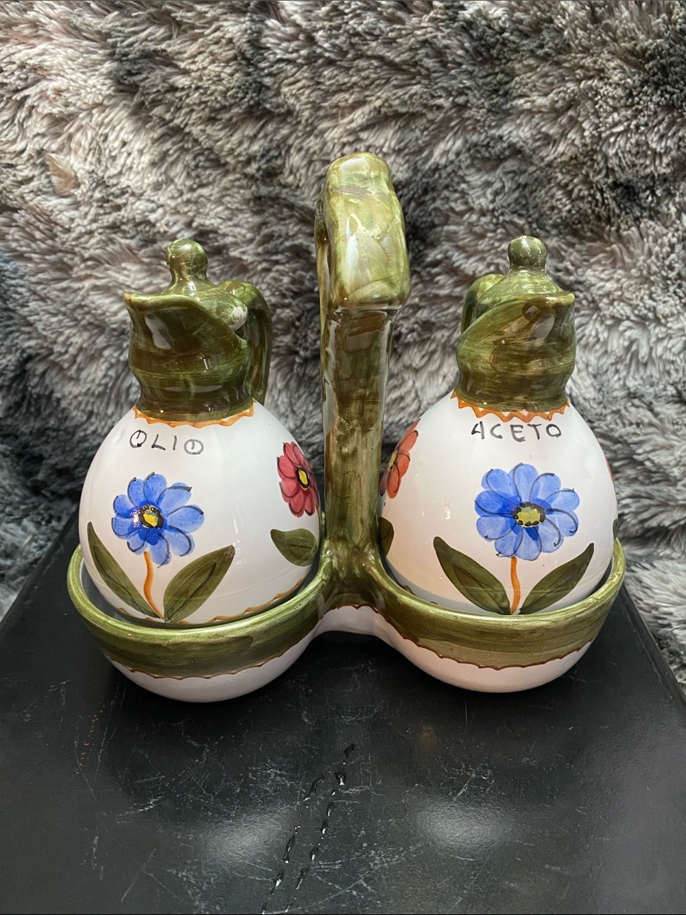 Italian Hand painted Oil and Vinegar set with Caddy